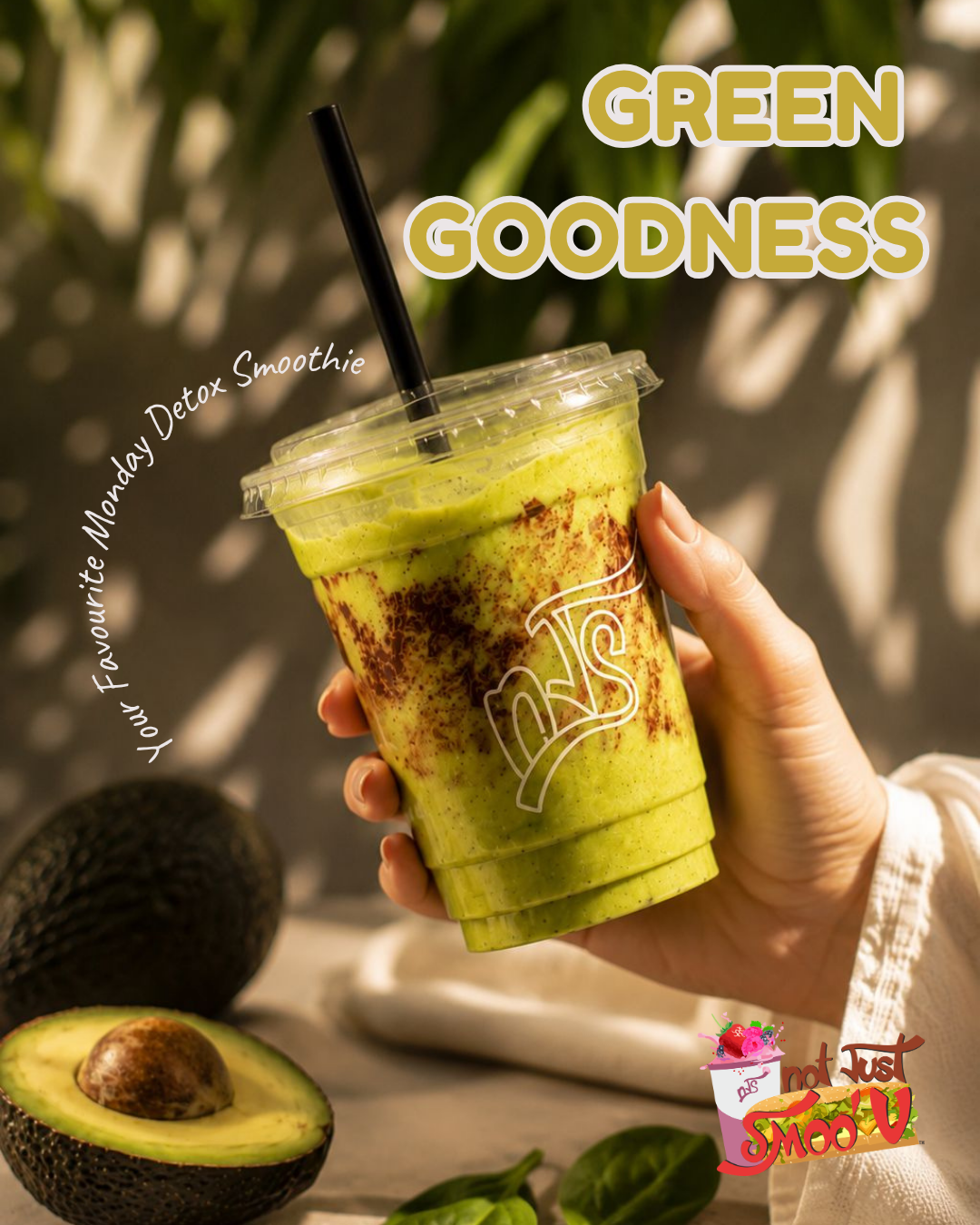 Green Goodness — Kale, avocado, green apple, oat milk, chia seeds.
