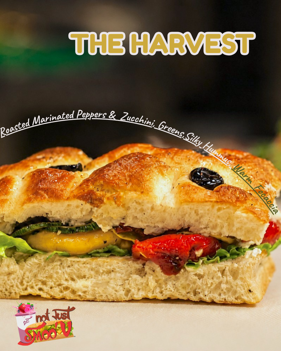 The Harvest — Roasted peppers, grilled zucchini, hummus, olives, herbed focaccia.